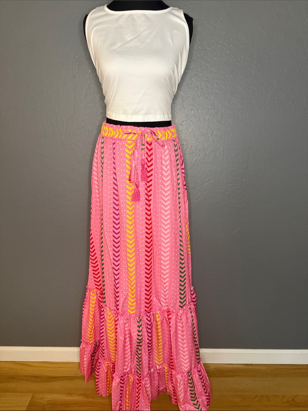 Bright Pink Chevron Tiered Maxi Skirt with Tassel Waist